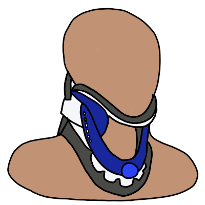 an adjustable cervical collar with blue highlights, shown on a plain light brown bust of a person